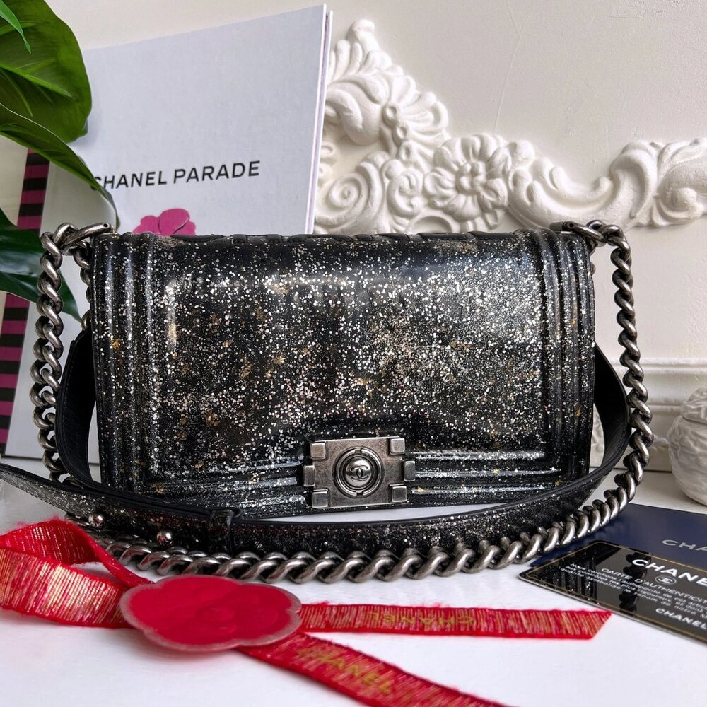 Authentic Chanel Old Boy Medium Crystal Glitter PatentLeather Shoulder BagB0804
